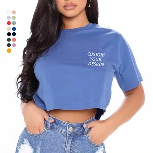 Crop top personnalisé pour femmes, t-shirt en jersey de coton à manches courtes, col rond, couleur unie, avec poche, vêtements décontractés pour le printemps et l'été, OEM ODM - Product Image 1
