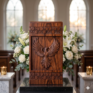 Wooden Cremation Urn Carved Phoenix Design Brown Adult Memorial Keepsake <b>Box</b> <b>for</b> <b>Ashes</b> Burial - Product Image 3