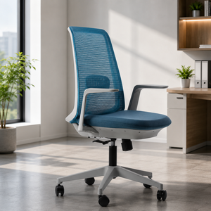 Chaise de bureau ergonomique en maille KINSHA, accoudoirs réglables, base pivotante, design contemporain, couleur bleue, structure en plastique - Product Image 1