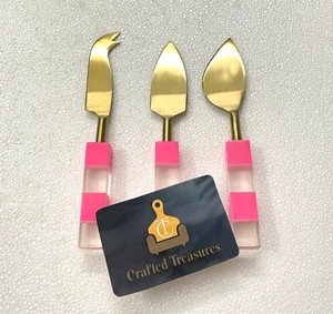 Minimalist Style <b>Cheese</b> <b>Knife</b> <b>Set</b> 3 Pcs Gold Plated Stainless Steel Pink Resin Handle Durable Hand Wash Only Tableware Utensil - Product Image 3