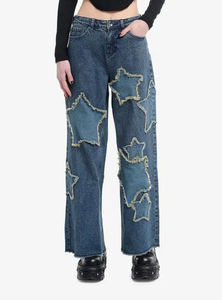 Wholesale <b>Women's</b> Embroidered Denim Flare <b>Jeans</b> High Waist Button Fly Loose <b>Baggy</b> Winter Pants - Product Image 2