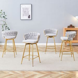 Set di 4 Sgabelli da Bar Girevoli con Cuscini in Lino Traspirante Beige e Gambe in Metallo Dorato per Comfort ed Eleganza - Product Image 1