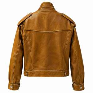 Blouson moto en cuir marron pour femme, col montant, épaulettes et rivets, veste intemporelle pour tenues décontractées - Product Image 6