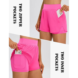 Shorts de sport rose fluo 2 en 1 pour femmes avec poche pour téléphone, polyester, taille haute, double couche, pour la course à pied et l'entraînement - Product Image 5