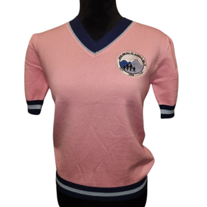 Pull en maille rose clair à col en V pour femme, manches bouffantes, pull décontracté, haut tendance avec logo brodé, vêtement élégant - Product Image 4