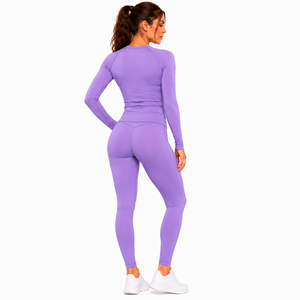 Women Solid Purple Yoga Set Long Sleeve Crew Neck Mid Waist <b>Leggings</b> Full Length <b>Seamless</b> Spandex/Nylon Ribbed Thermal - Product Image 6