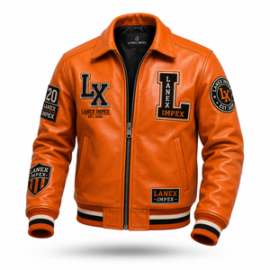 Custom Orange Leather Varsity Jacket for Men Premium Letterman Bomber Jacket with Embroidered Chenille Patches OEM ODM Supplier - Product Image 2