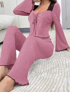 Women's Knitted Lounge Set Long Sleeve Bow Collar Solid Color Soft Stretchy Full Length <b>Pants</b> Autumn Wear - Product Image 2