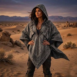 Streetwear Outfit , Hooded Tactical <b>Poncho</b>, Techwear Cloak, Cyberpunk Utility Cape, Canvas Shawl Outfit - Product Image 3