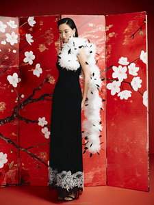 Robe BLACK POISE _ robe maxi moulante à col carré avec bordure en dentelle blanche combinée à de la dentelle blanche et noire - Product Image 4