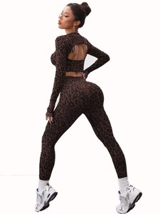 Seamless Two Piece Fitness Outfit Jacquard Animal Print Thumbhole <b>Top</b> with Ruched Booty Lifting <b>Compression</b> Workout Tights - Product Image 5