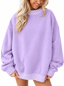 Casual Mockneck <b>Top</b> Gingham Trim Sweatshirt <b>Long</b> <b>Sleeve</b> Pullover Design Loose Comfortable Fit Everyday Fashion Clothing - Product Image 4
