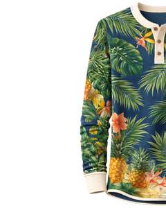 Chemise Henley à imprimé tropical pour homme, bleu marine et vert floral, manches longues, patte de boutonnage, style décontracté, été, plage, mode - Product Image 3