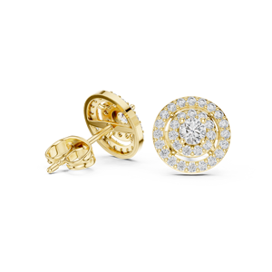 Boucles d'oreilles clous en or massif 14K 18K avec diamant de laboratoire taille ronde, double halo pavé, DEF VVS, bijoux fins pour mariage, cadeau, vente en gros - Product Image 4