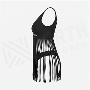North Approach Women's Black One-Piece Swimsuit Deep V Neck Tassel <b>Fringe</b> Bodysuit Stretch Swimwear - Product Image 3