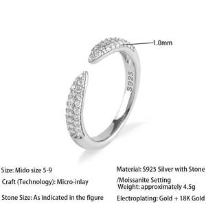 S925 Sterling Silver Open Moissanite <b>Ring</b> <b>Adjustable</b> Split Band Round Brilliant Jewelry for Women - Product Image 2
