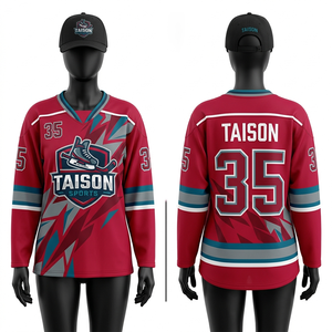 Maillot de hockey sur glace en maille polyester premium 220 GSM pour femme, rouge, turquoise, gris, avec panneau éclair, tissu respirant, logo personnalisé par sublimation - Product Image 1