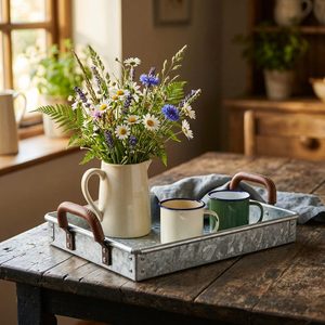 Plateau de service décoratif Farmstead 38 cm en fer galvanisé brut avec poignées et poignée en cuir galvanisé, décoration intérieure - Product Image 2
