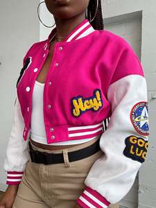 Women's Vintage Pink Winter Breathable Finished Crop Top Varsity Jacket Embroidery Letter Custom Logo Thick Wool/Viscose Relax - Product Image 5