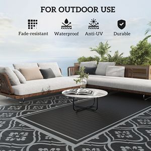 Tappeto da Esterno Reversibile Nero e Grigio con Bordo a Zucca 9FT X 18FT in Paglia Plastica Impermeabile con Borsa per il Trasporto - Product Image 6