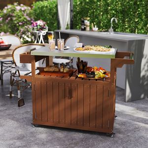 Carrello Bar da Esterno in Acciaio Inossidabile con Ruote e Isola Cucina in HDPE per Preparazione Cibo, Piano Marrone - Product Image 2