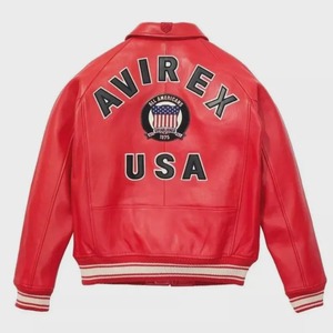 เสื้อแจ็คเก็ตบอมเบอร์สีแดง Avirex สำหรับผู้ชาย – หนังแกะแท้ สไตล์อเมริกัน ไอคอนนักบิน - Product Image 2