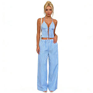 Conjunto de 2 piezas a rayas azules y blancas para mujer, top corto con lazo en la parte delantera, pantalones de pierna ancha, ropa de verano para la playa - Product Image 2