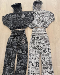 Ensemble de survêtement streetwear délavé à l'acide, comprenant un sweat à capuche zippé et un pantalon de survêtement à double ceinture, haute qualité - Product Image 1