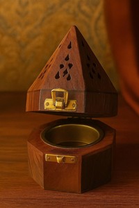 Brûleur d'encens en bois artisanal en forme de pyramide Loban Dan avec loquet en laiton |   Porte-encens et brûleur de dhoop pour la méditation et la décoration intérieure - Product Image 5