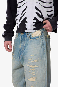 Jeans en denim pour homme de haute qualité, personnalisés, bleu délavé vintage, déchirés, coupe large, style streetwear, hip-hop, Y2K, OEM ODM, coton - Product Image 5