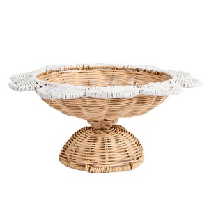 Elegant Rattan Pedestal Bowl With White Scallop Stylish Serving Bowl For Fruit <b>Display</b>, <b>Table</b> Decor And Home Styling - Product Image 1