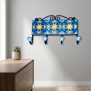 Beads Art Vintage Ceramic Tile Wall Multifunctional <b>Coat</b> <b>Hook</b> Flower Pattern 4 <b>Hooks</b> Blue Yellow Handmade <b>Decorative</b> <b>Hooks</b> for - Product Image 1