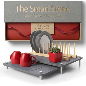 Tappetini in Pietra Diatomacea per Asciugatura Piatti con Supporto in Bambù, Set da 2 Pezzi, Antiscivolo, per Piano Cucina - Product Image 1