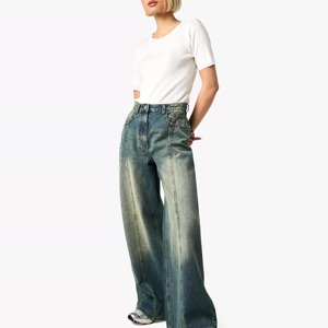 <b>Women's</b> Acid Wash Denim <b>Jeans</b> Vintage <b>Baggy</b> Fit Casual Streetwear Pants Custom Design Wholesale Clothing Supplier <b>Jean</b> Pants - Product Image 1
