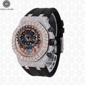 Charm_Jewells Men's Luxury Stainless Steel Watch 43mm Irregular Case Diamond Encrusted Rubber Band Mechanical <b>Chronograph</b> - Product Image 1
