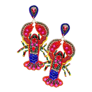 Earrings Felt Back Multi Beaded <b>Lobster</b> Dangle Earrings Red From India Handmade Earring design by MD HANDICRAFTS - Product Image 1