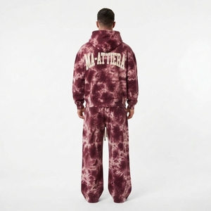 Conjunto de Sudadera con Capucha y Pantalones Anchos con Cremallera y Tie-Dye Borgoña para Hombre, Detalle de Correa en Contraste, Chándal Urbano, Personalizado OEM ODM - Product Image 4