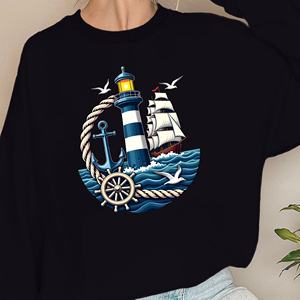 Lighthouse and <b>Anchor</b> Nautical Theme Printed Casual Knitted Women's Sweatshirts - Product Image 4