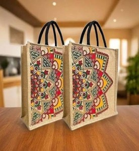 Premium Handcrafted Organic Jute Tote Bag with Reinforced Cotton Handles, Eco-Friendly Reusable Grocery Shopping <b>Handbag</b> - Product Image 1