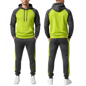 Chándal OEM para hombre, gris y verde lima |   Sudadera con Capucha y Mangas Raglán con Panel Lateral Verde Neón |   Conjunto de ropa deportiva - Product Image 4