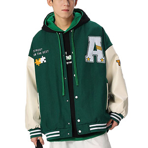 <b>Men</b> Green Hooded <b>Varsity</b> <b>Jacket</b> Letter Patch Streetwear Style Regular Fit Polyester Cotton Material wool leather chenille custom - Product Image 1
