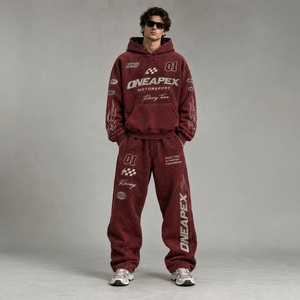 Men's Oversized Burgundy Acid Wash Hoodie Tracksuit <b>Sets</b> Heavyweight Streetwear Cotton <b>Jogger</b> <b>Matching</b> Sweat Suit Custom Apparel - Product Image 1