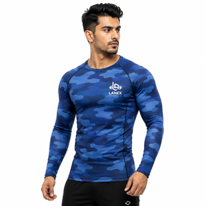 <b>Men's</b> Blue Camo <b>Compression</b> Rash Guard Long Sleeve Athletic Gym <b>Shirt</b> Fitness Training Workout Sports Base Layer Sportswear - Product Image 1