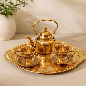 Luxury Brass <b>Tea</b> <b>Set</b> with Teapot, Cups, Saucers and Serving Tray – Traditional Indian Handcrafted Brass <b>Tea</b> & Coffee <b>Set</b> - Product Image 1