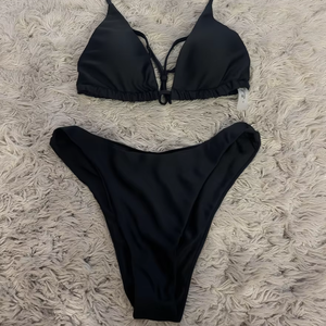 Conjunto de Bikini Triangular a Rayas/Cuadros de Color Sólido para Mujer, Traje de Baño de Dos Piezas con Corte Alto, Escote en V Profundo y Transpirable - Product Image 1