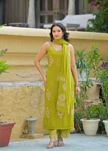 Premium Lime Green 60x60 Cotton Applique Embroidered Suit Set with Sleeveless <b>Kurta</b> Palazzo and Dupatta for <b>Women</b> - Product Image 2