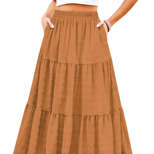 Falda larga de verano para mujer, elegante, informal, con capas, de cintura alta, línea A, fluida, con bolsillos - Product Image 1