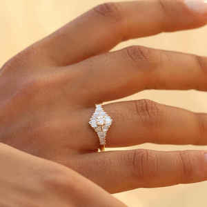 Round Brilliant Diamond Wedding <b>Ring</b> Vermeil Yellow <b>Gold</b> Engagement <b>Ring</b> Side Stone Baguette Proposal Moissanite <b>Ring</b> - Product Image 6