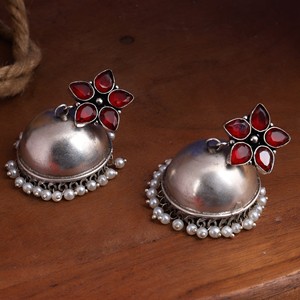 Factory Direct Red Stone <b>Oxidized</b> Silver Jhumka Earrings Handmade Pearl Drop Ethnic Traditional Indian Jewelry for Women - Product Image 5