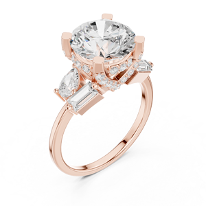 Anillo de Tres Piedras de Moissanita Redonda Brillante para Mujer, Acabado en Oro Rosa, Plata de Ley con Acento de Baguette, Anillo de Novia - Product Image 4
